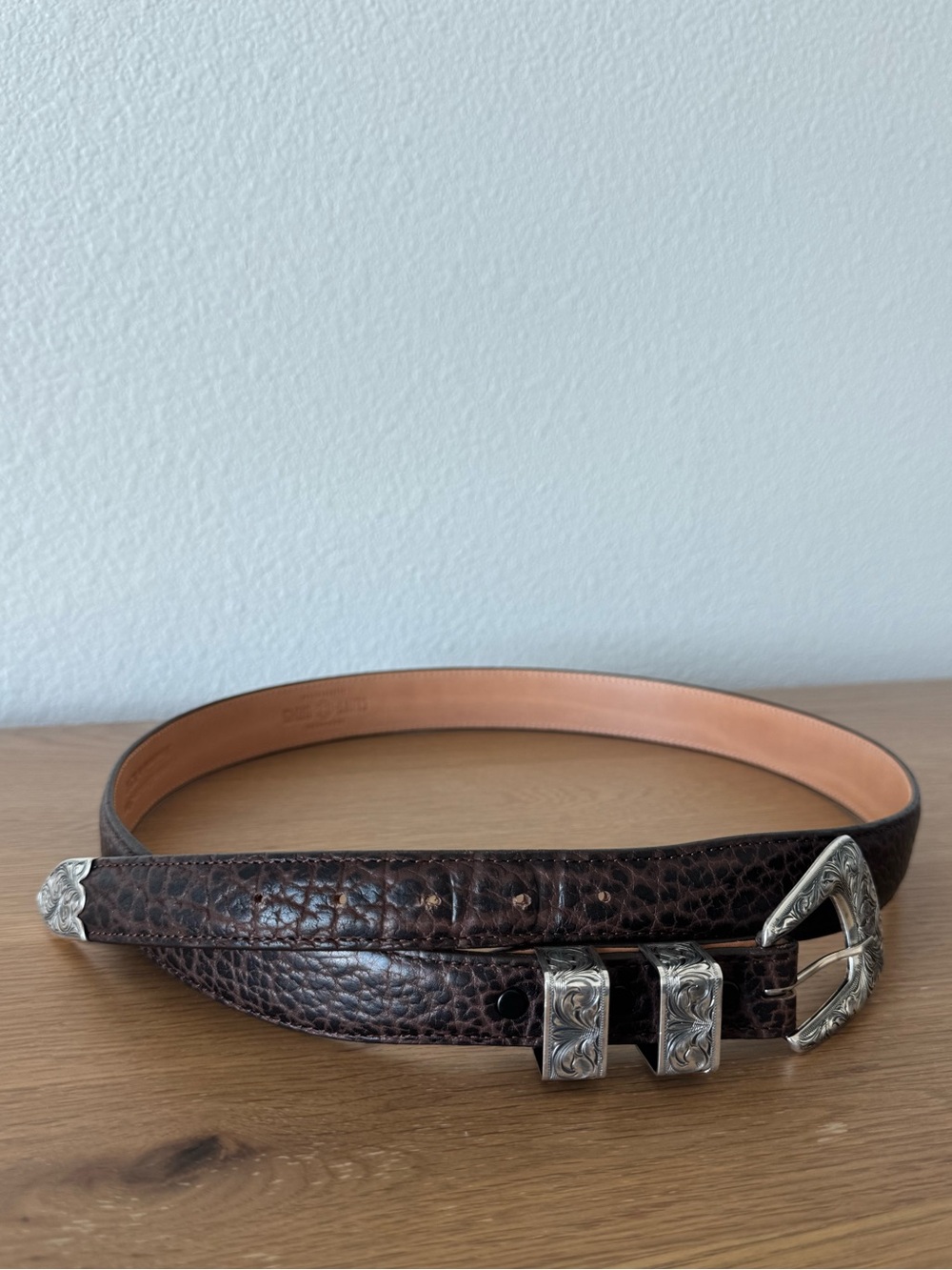 Clint Orms American Bison Leather Belt with Sterling Silver Buckle Size 40